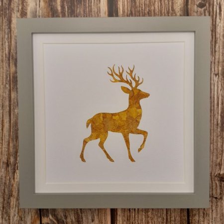 Handmade textured Stag picture created using decoupaged pressed flower petals in a 18cm grey frame