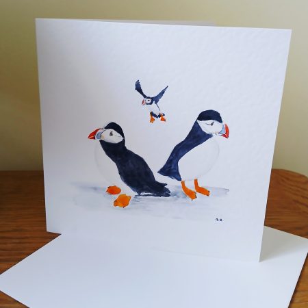 Handpainted Watercolour Puffins Greetings Card with Envelope