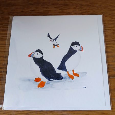 Handpainted Watercolour Puffins Greetings Card with Envelope