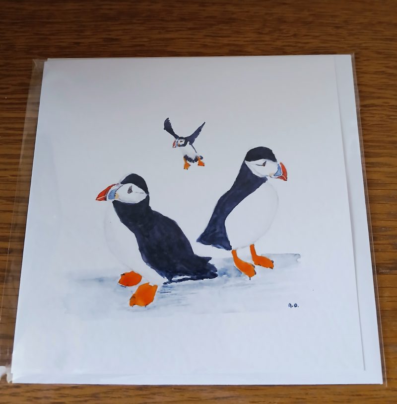 Handpainted Watercolour Puffins Greetings Card with Envelope