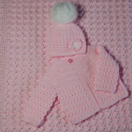 Pink Baby Girl Gift, Handmade Crochet Baby Cardigan and Hat, Baby Shower Gift