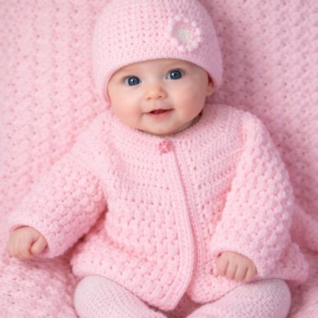 Pink Baby Girl Gift, Handmade Crochet Baby Cardigan and Hat, Baby Shower Gift