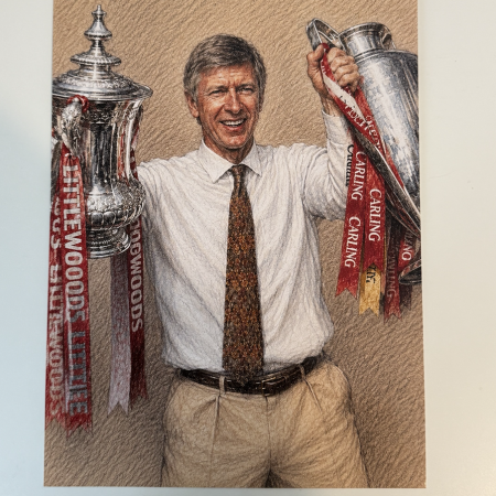 Arsène Wenger Inspired Football Art Print – Trophy Celebration Edition – Colour Pencil Sports Artwork – A4 Wall Art