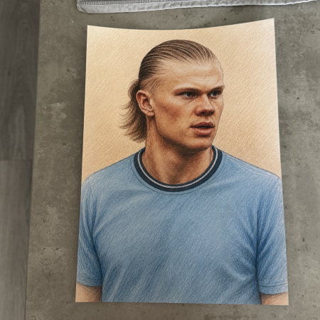 Erling Haaland Inspired Colour Pencil Football Art Print – A4 Sports Wall Art – Striker Portrait Poster