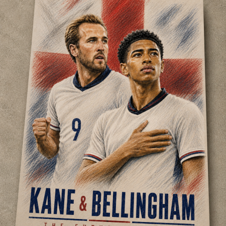 Kane & Bellingham England Inspired Football Art Print – A4 Wall Poster – Colour Pencil Style Artwork
