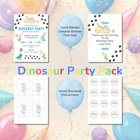 Dinosaur Birthday Party Kit Editable Canva Bundle Instant Download