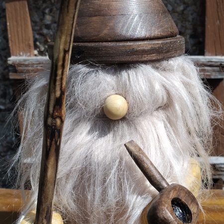 Handcrafted Wooden Bearded Gonk with a wooden staff and pipe