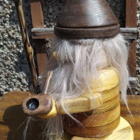 Handcrafted Wooden Bearded Gonk with a wooden staff and pipe