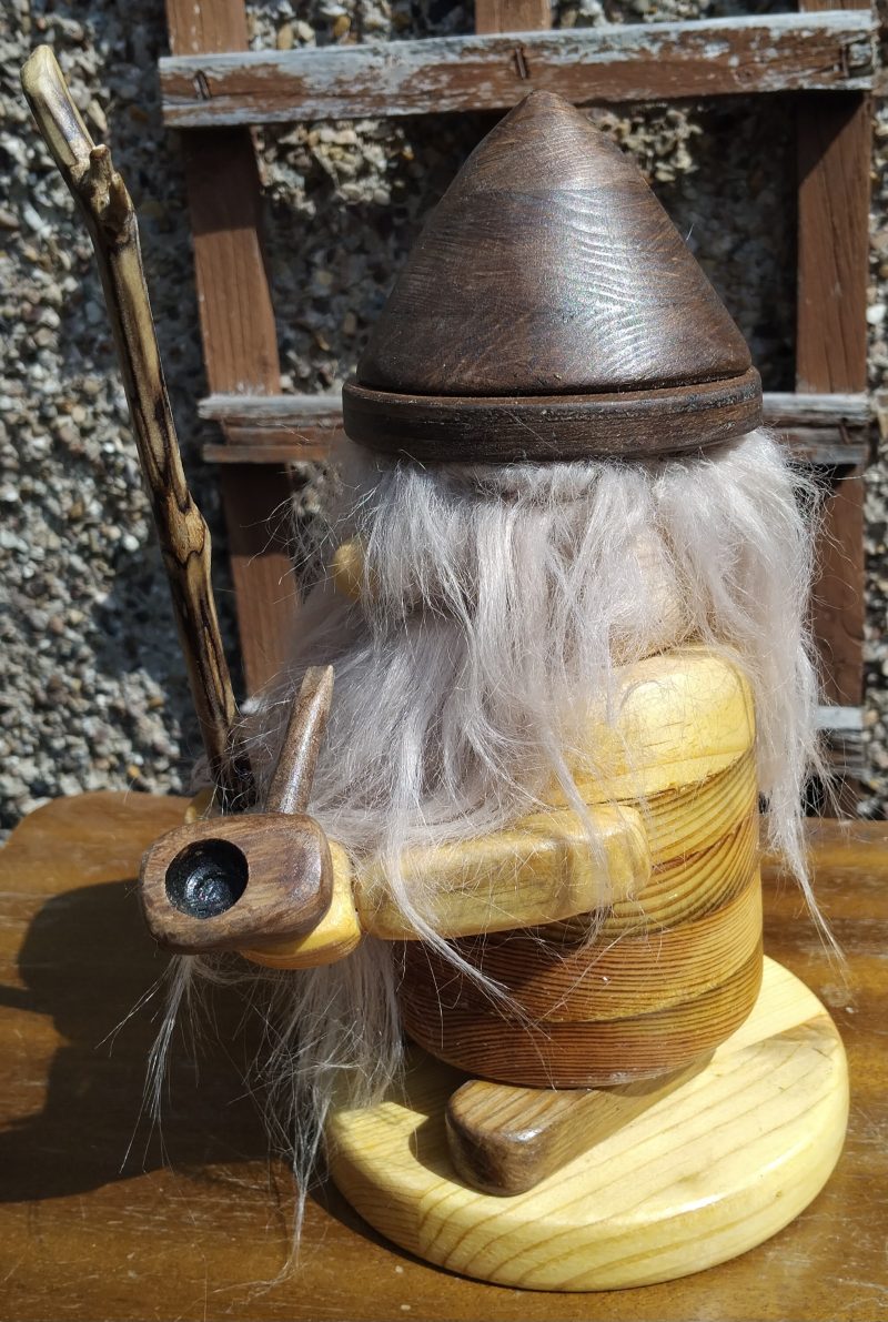 Handcrafted Wooden Bearded Gonk with a wooden staff and pipe