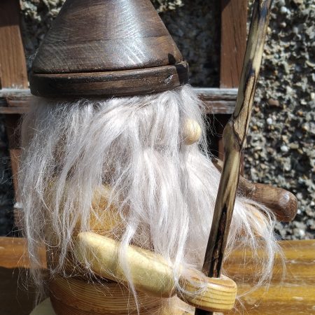 Handcrafted Wooden Bearded Gonk with a wooden staff and pipe