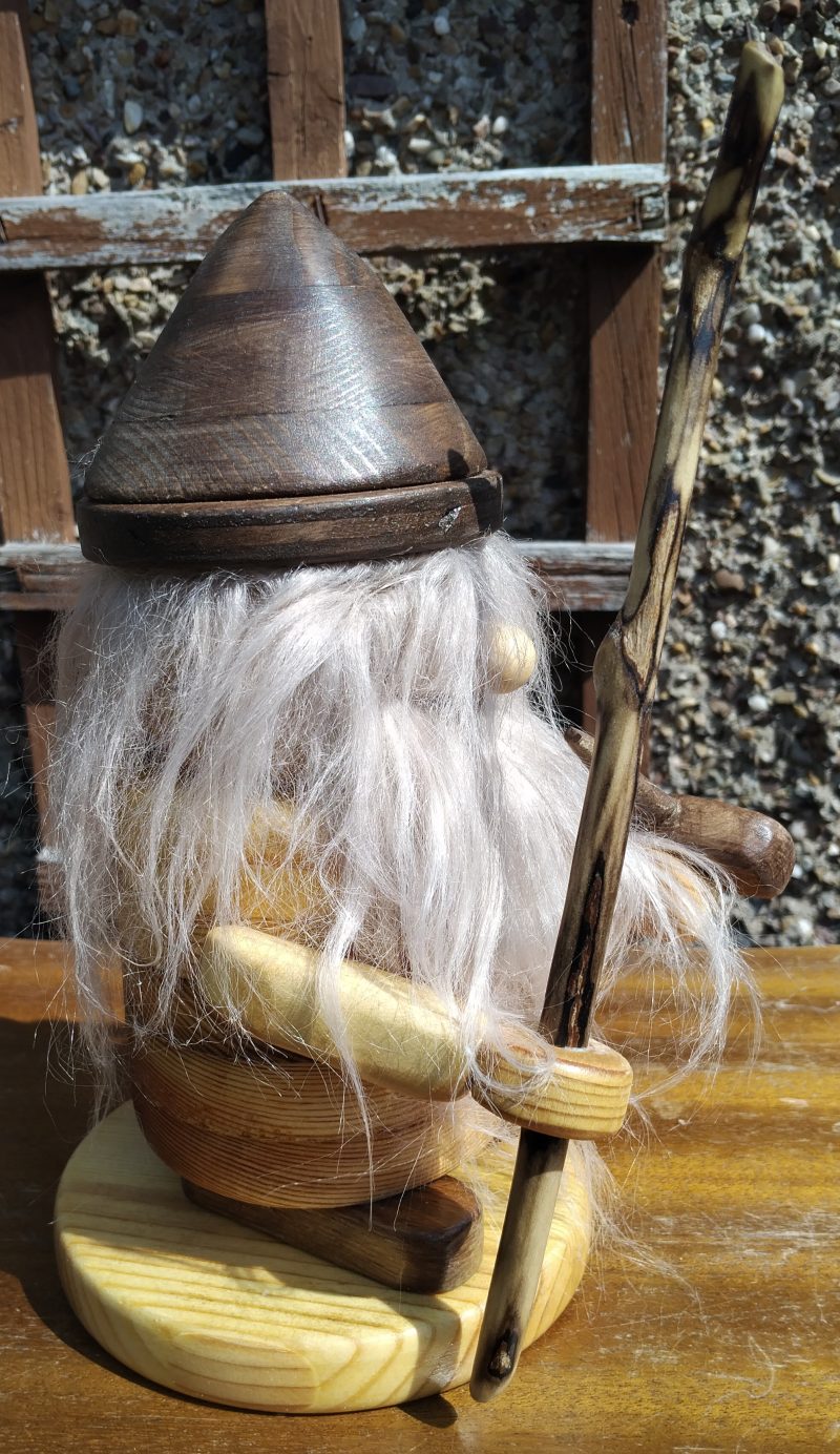 Handcrafted Wooden Bearded Gonk with a wooden staff and pipe