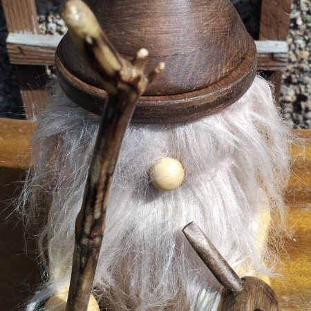 Handcrafted Wooden Bearded Gonk with a wooden staff and pipe