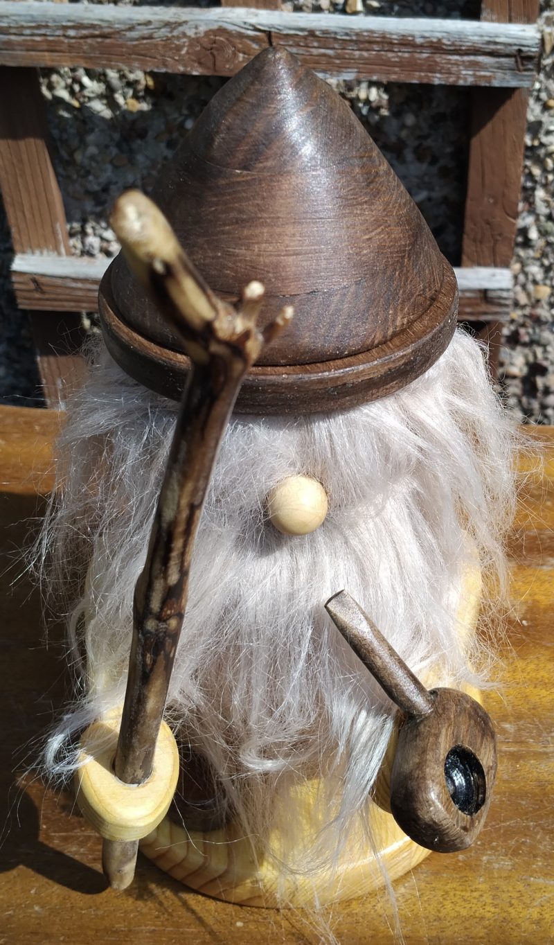 Handcrafted Wooden Bearded Gonk with a wooden staff and pipe