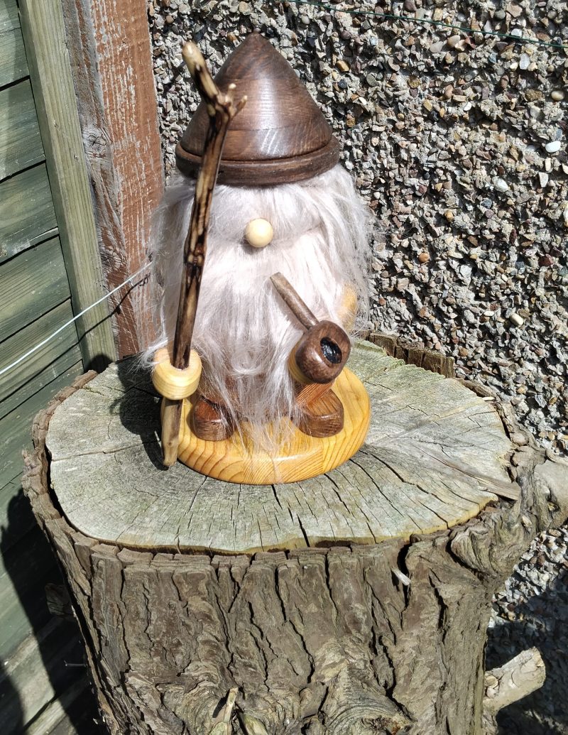 Handcrafted Wooden Bearded Gonk with a wooden staff and pipe