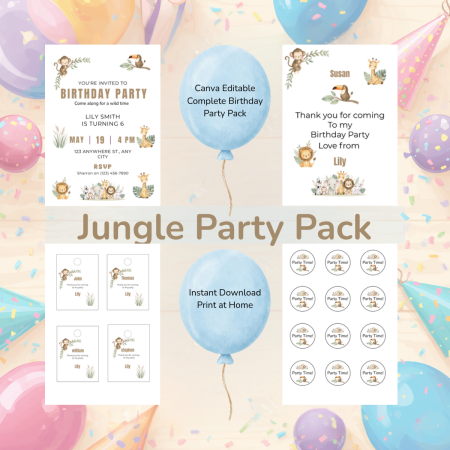 Jungle Theme Birthday Party Pack – Editable Canva Digital Download