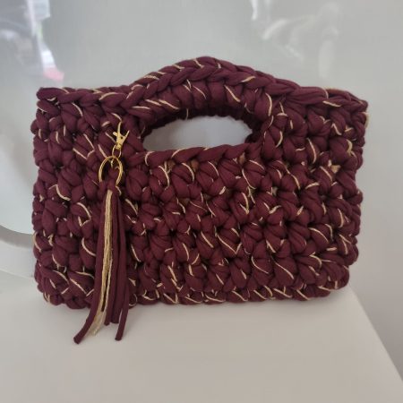 Crochet handbag in Burgandy & Gold with detachable tassle keyring