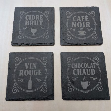 Set of 4 Rustic French Slate Coasters – Café & Bistro Style Engraved Drinks Set
