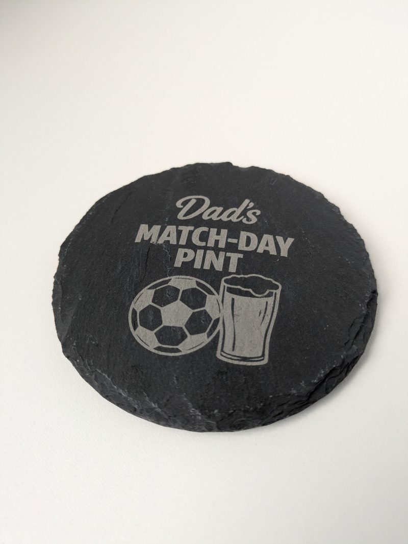 Dad’s MATCH‑DAY PINT Slate Coaster – Football & Beer Engraved Gift