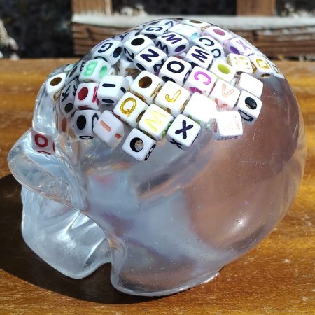 Large Resin Skull Clear with Alphabet Cubes