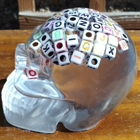 Large Resin Skull Clear with Alphabet Cubes