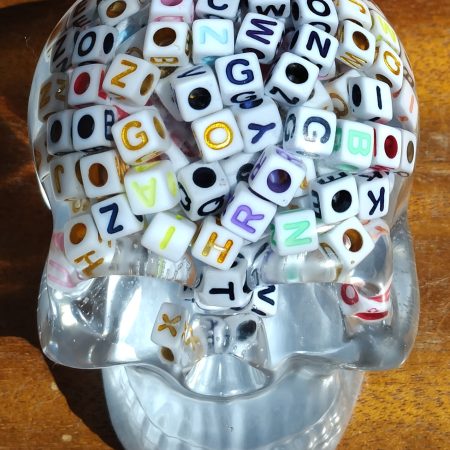 Large Resin Skull Clear with Alphabet Cubes