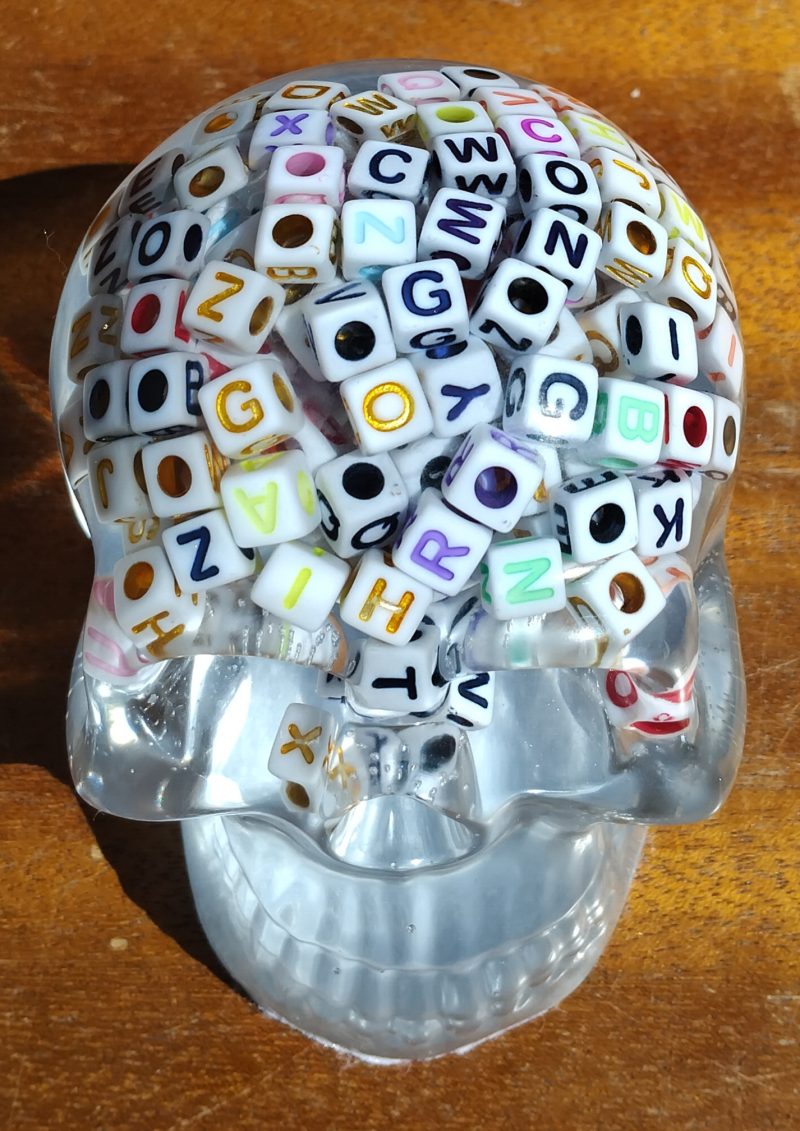 Large Resin Skull Clear with Alphabet Cubes