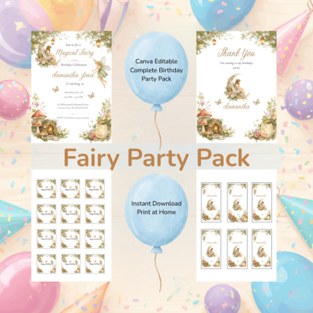 Magical Fairy Birthday Party Kit Editable Canva Bundle Instant Download