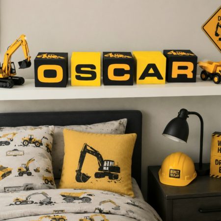 Personalised blocks,Digger wood name blocks,Construction room decor, 3 sizes