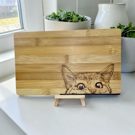 Hand Burnt Bamboo Cheese Board - Peeking Cat Design