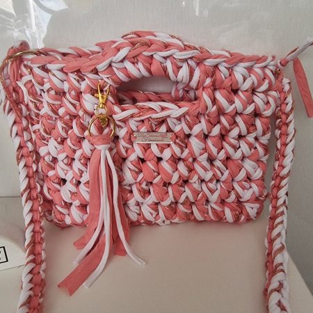 Crochet handbag in Pink, White & Gold with detachable tassle keyring