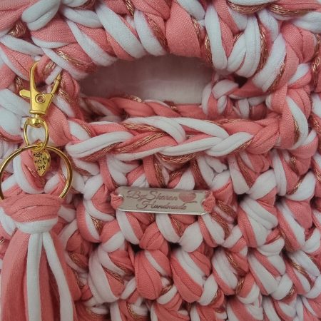 Crochet handbag in Pink, White & Gold with detachable tassle keyring