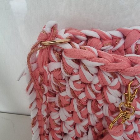 Crochet handbag in Pink, White & Gold with detachable tassle keyring