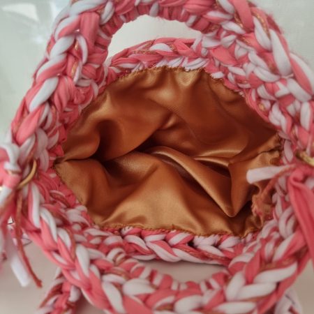 Crochet handbag in Pink, White & Gold with detachable tassle keyring