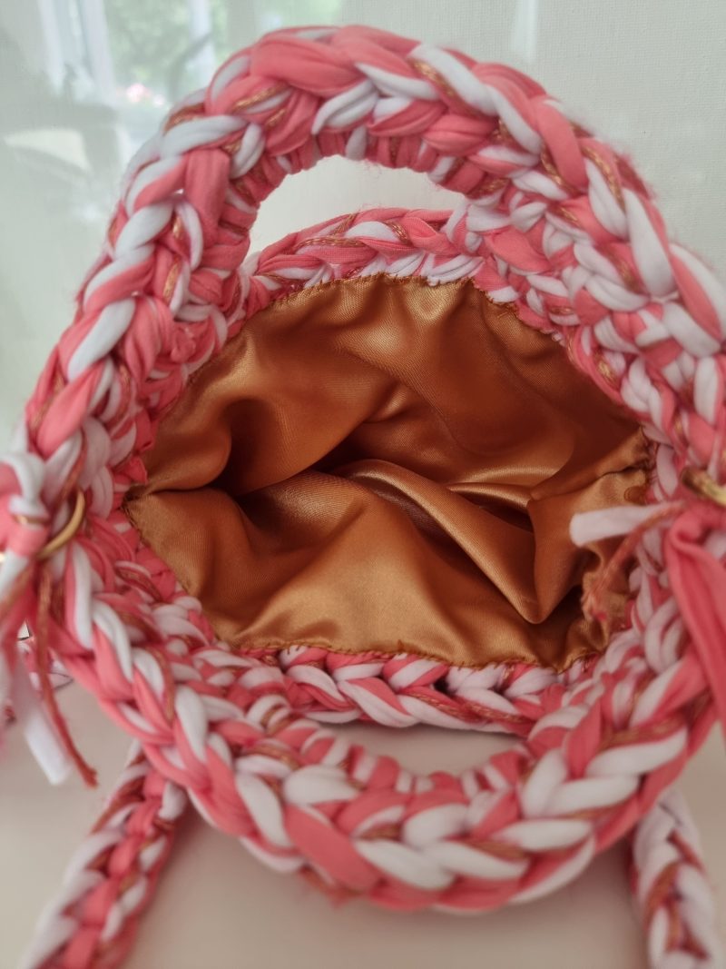Crochet handbag in Pink, White & Gold with detachable tassle keyring