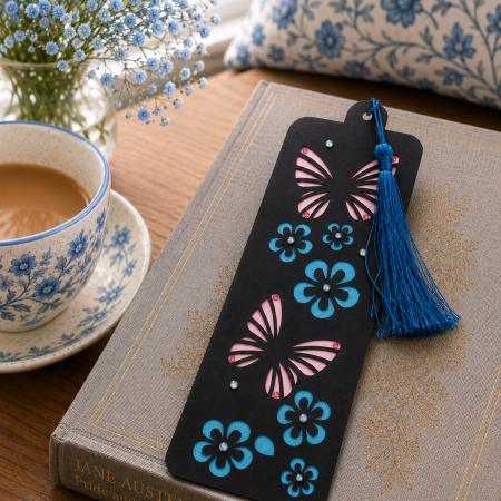 Handmade Butterfly & Floral Bookmark with Blue Tassel