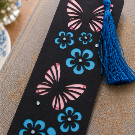 Handmade Butterfly & Floral Bookmark with Blue Tassel