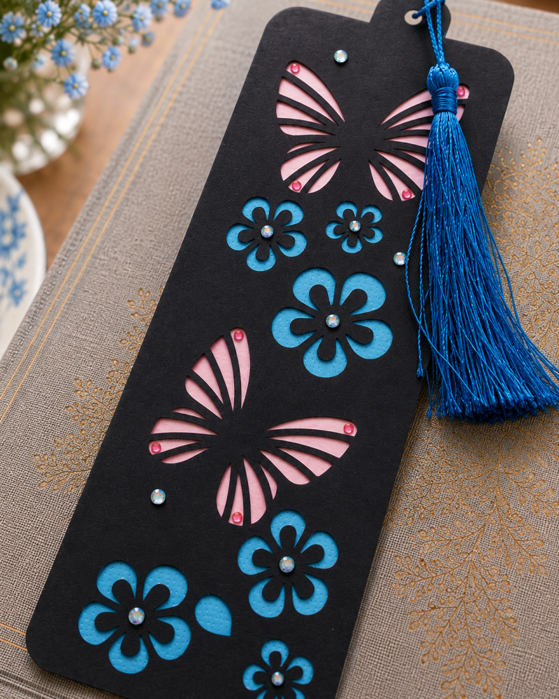 Handmade Butterfly & Floral Bookmark with Blue Tassel