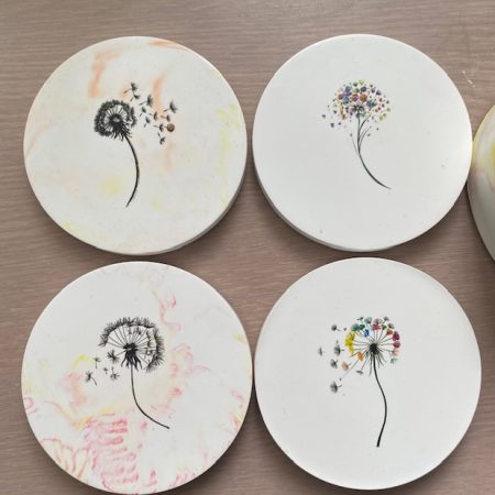 Eco-Resin coasters and container Dandilion themed