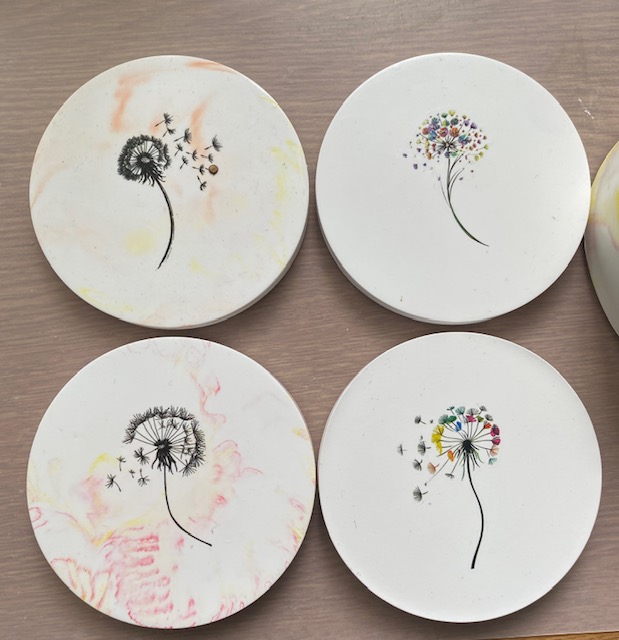 Eco-Resin coasters and container Dandilion themed