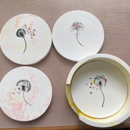 Eco-Resin coasters and container Dandilion themed