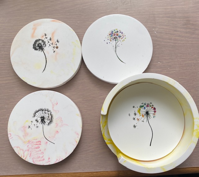 Eco-Resin coasters and container Dandilion themed