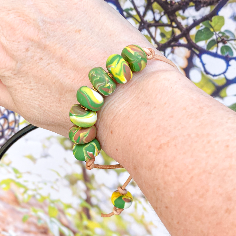 Beaded clay bracelet in various colours.