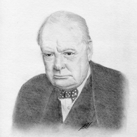 High-contrast black and white graphite pencil portrait of Sir Winston Churchill, capturing his iconic, determined facial expression and classic features.