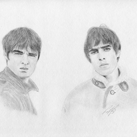 Dual graphite pencil portrait featuring the faces of Noel and Liam Gallagher of the band Oasis side-by-side, captured in a highly detailed realistic sketch style.