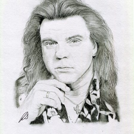 Expressive pencil drawing of rock musician Meat Loaf, capturing his passionate and dramatic performance expression in a detailed graphite portrait.