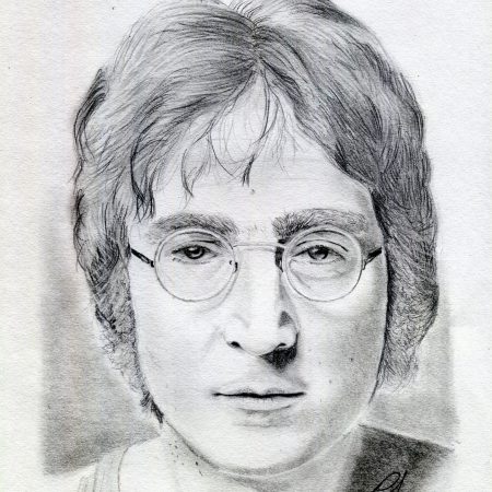 Detailed graphite pencil sketch of John Lennon, featuring his iconic round glasses and introspective expression, printed on fine art paper.
