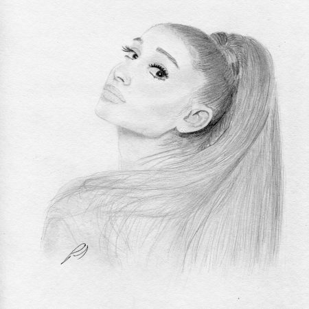 Fine art graphite pencil portrait of pop singer Ariana Grande, highlighting her detailed facial features and signature style in a realistic hand-drawn sketch.