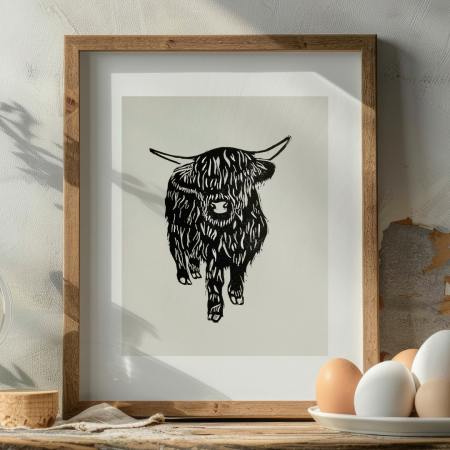Black Scottish Highland Cow Handmade Lino Print