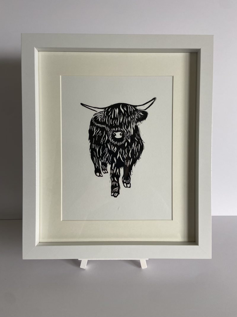 Black Scottish Highland Cow Handmade Lino Print