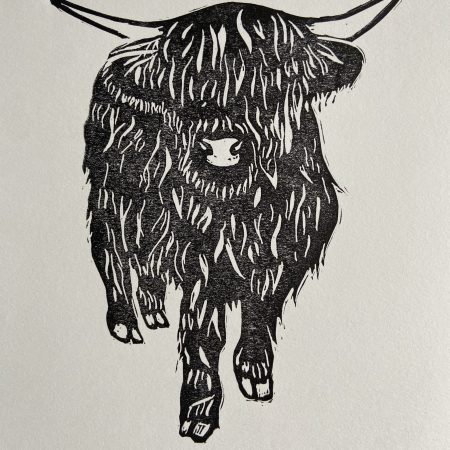 Black Scottish Highland Cow Handmade Lino Print